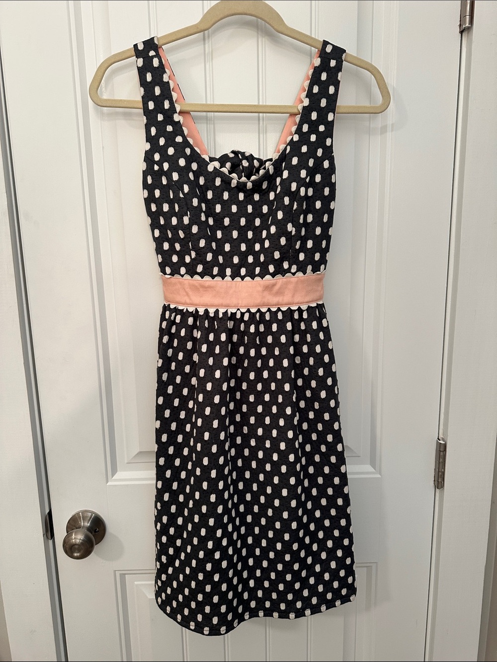 Judith March Black Polka Dot Midi Dress with Pink Waistband